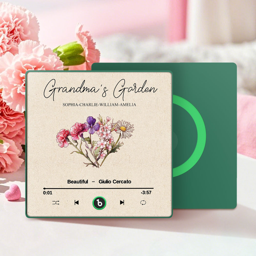 Grandma's Garden Retro Birth Flower Bouquet Personalized Music Fridge Magnet, Gift for Grandma, Mom
