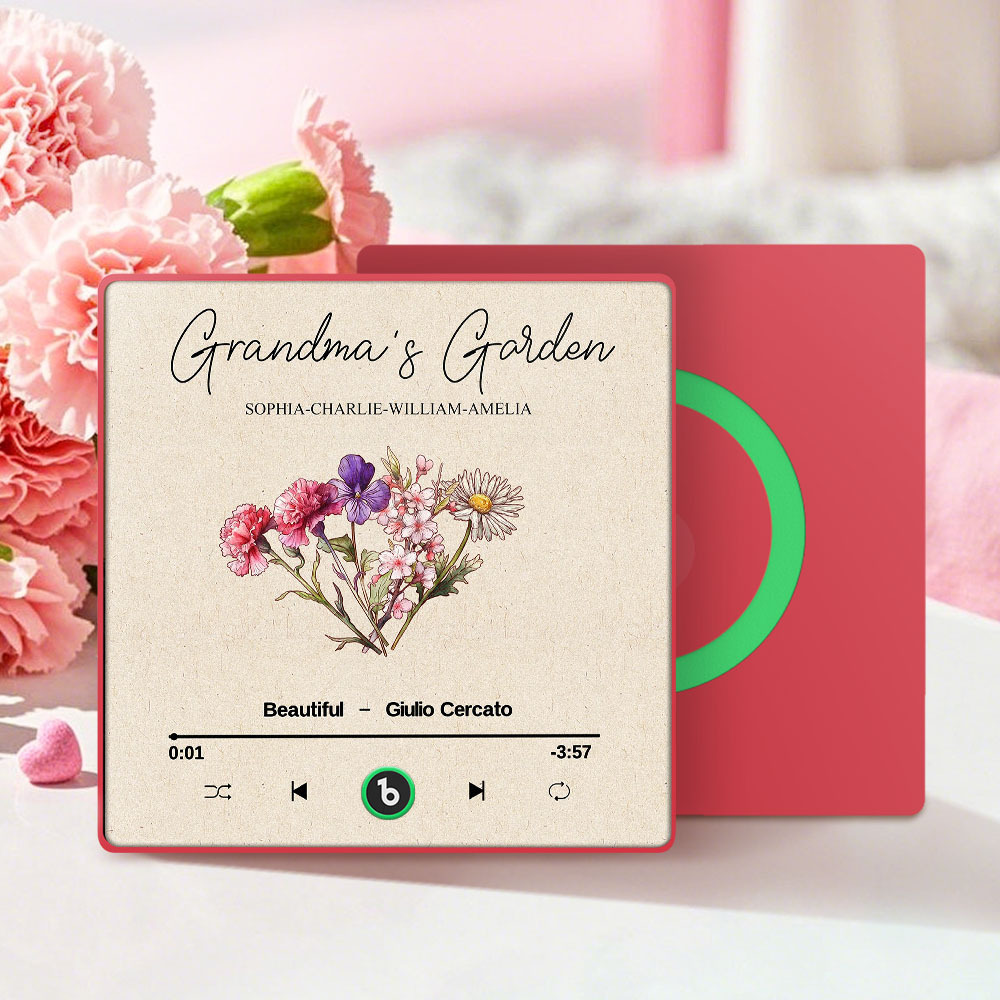 Grandma's Garden Retro Birth Flower Bouquet Personalized Music Fridge Magnet, Gift for Grandma, Mom