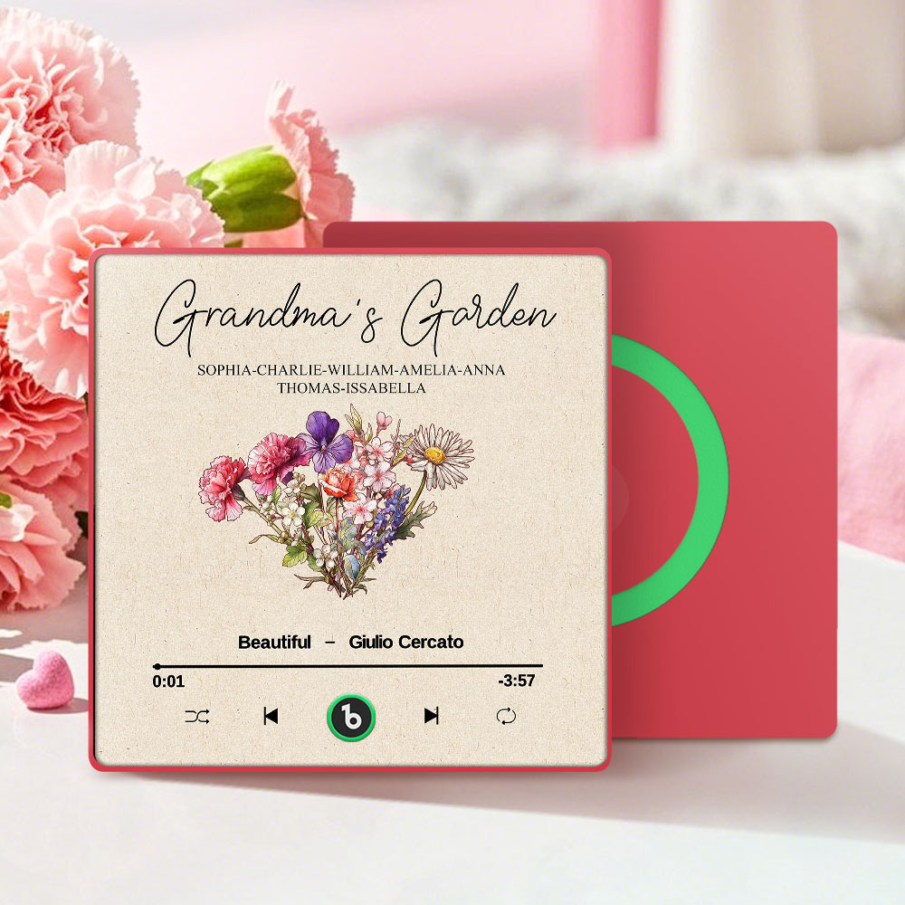 Grandma's Garden Retro Birth Flower Bouquet Personalized Music Fridge Magnet, Gift for Grandma, Mom