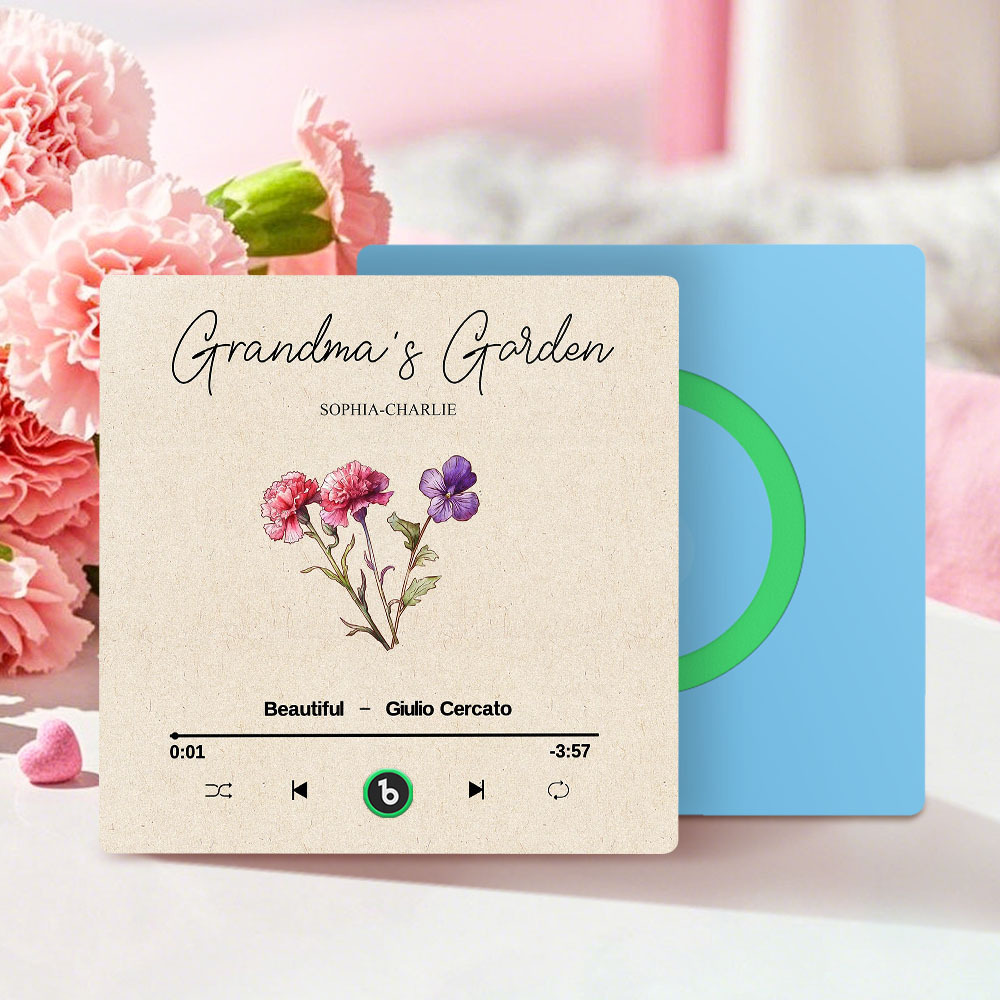 Grandma's Garden Retro Birth Flower Bouquet Personalized Music Fridge Magnet, Gift for Grandma, Mom
