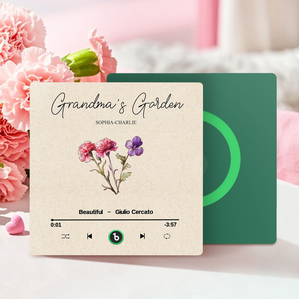 Grandma's Garden Retro Birth Flower Bouquet Personalized Music Fridge Magnet, Gift for Grandma, Mom