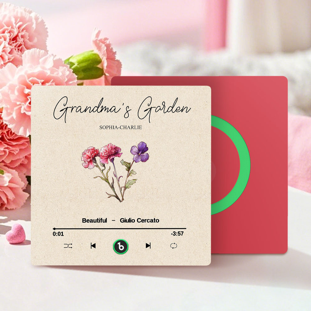 Grandma's Garden Retro Birth Flower Bouquet Personalized Music Fridge Magnet, Gift for Grandma, Mom
