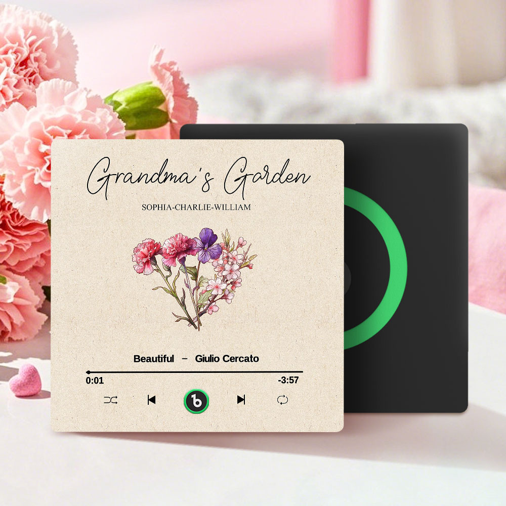 Grandma's Garden Retro Birth Flower Bouquet Personalized Music Fridge Magnet, Gift for Grandma, Mom