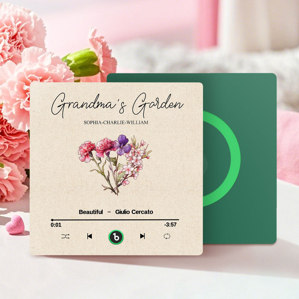 Grandma's Garden Retro Birth Flower Bouquet Personalized Music Fridge Magnet, Gift for Grandma, Mom