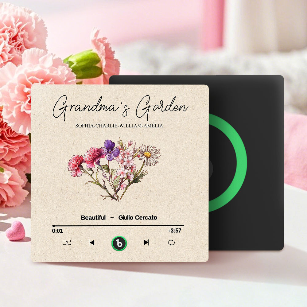 Grandma's Garden Retro Birth Flower Bouquet Personalized Music Fridge Magnet, Gift for Grandma, Mom