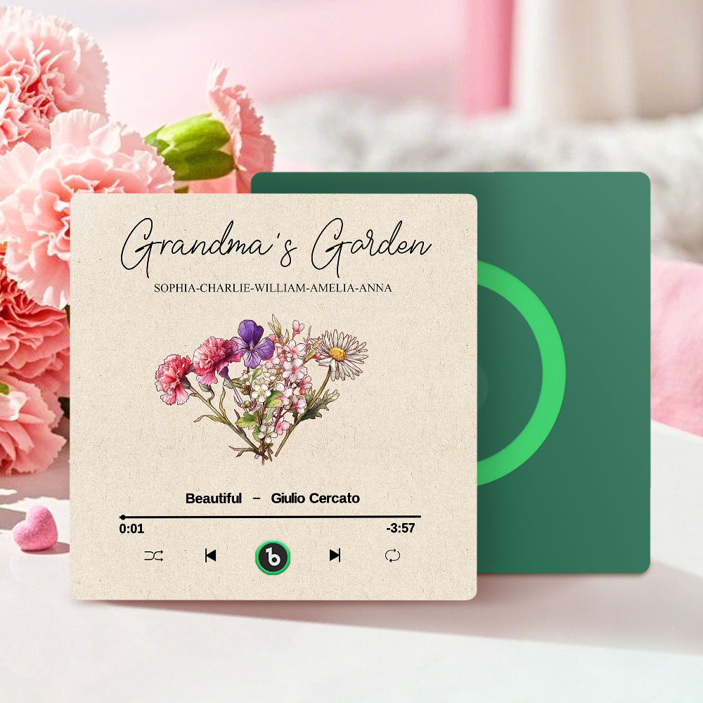 Grandma's Garden Retro Birth Flower Bouquet Personalized Music Fridge Magnet, Gift for Grandma, Mom