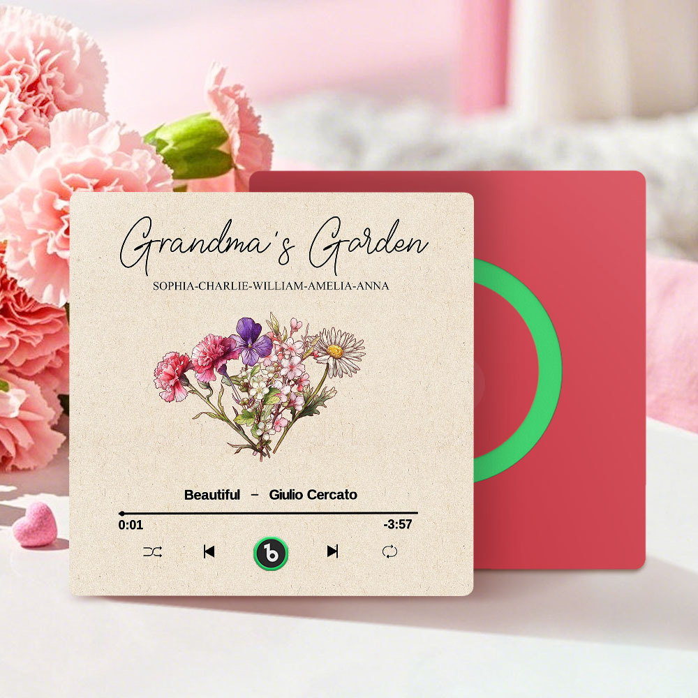 Grandma's Garden Retro Birth Flower Bouquet Personalized Music Fridge Magnet, Gift for Grandma, Mom