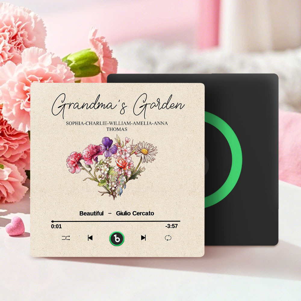 Grandma's Garden Retro Birth Flower Bouquet Personalized Music Fridge Magnet, Gift for Grandma, Mom