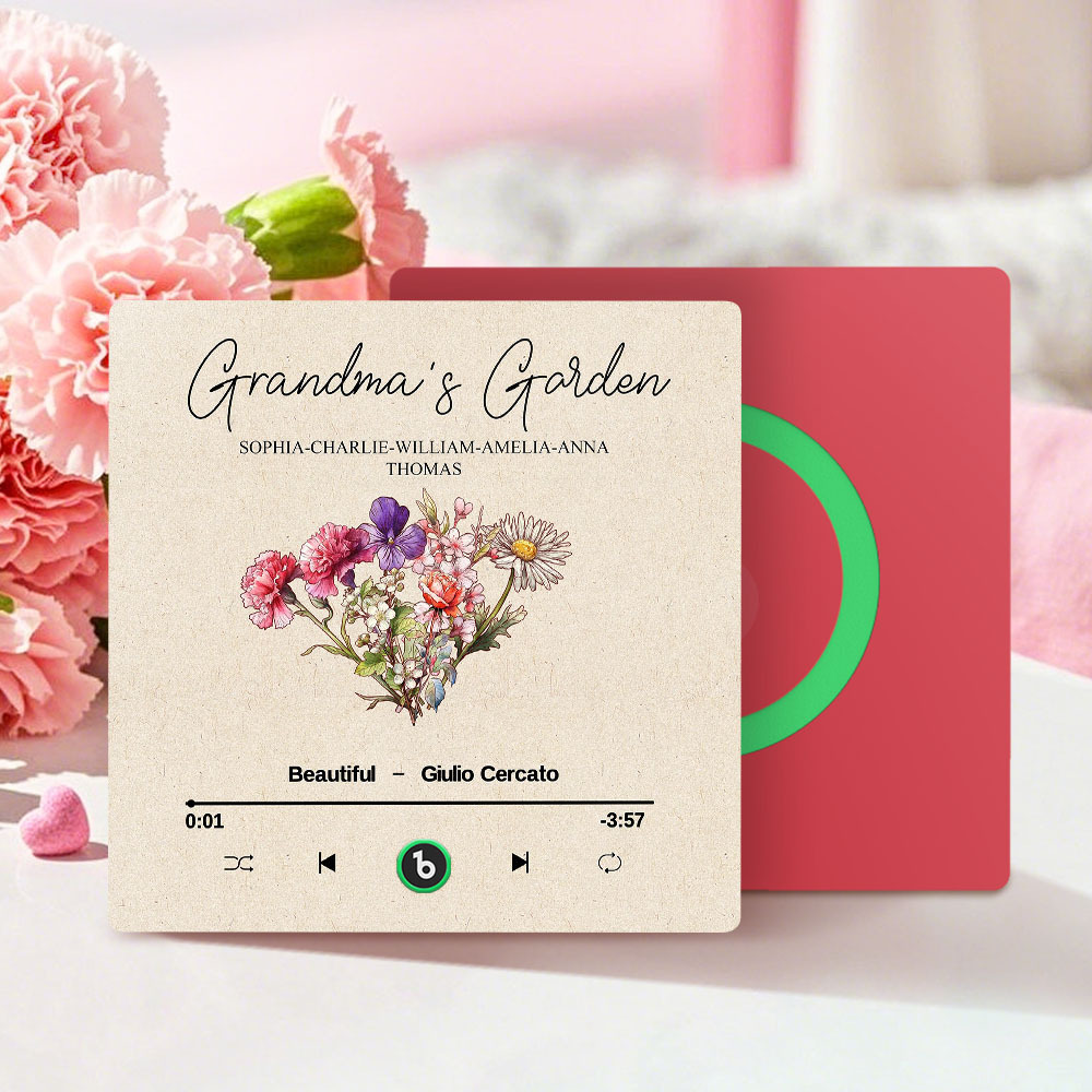 Grandma's Garden Retro Birth Flower Bouquet Personalized Music Fridge Magnet, Gift for Grandma, Mom