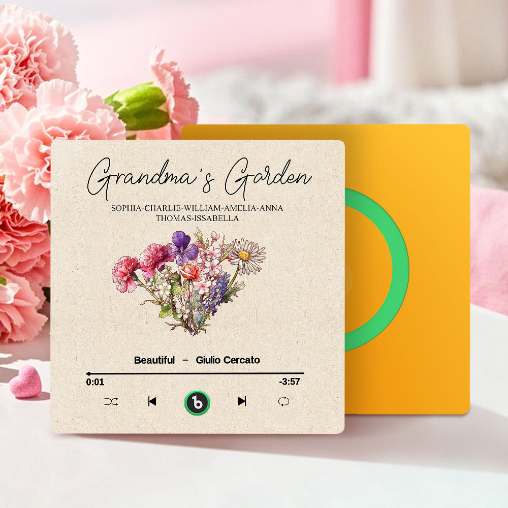 Grandma's Garden Retro Birth Flower Bouquet Personalized Music Fridge Magnet, Gift for Grandma, Mom