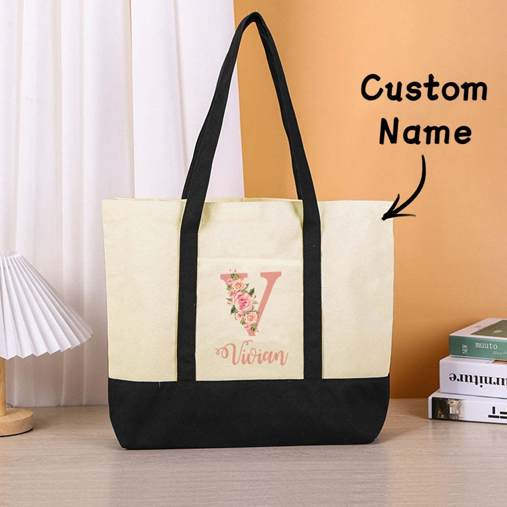 Custom Name Canvas Tote Bag Personalized Flower Beach Bag Gift for Women - 