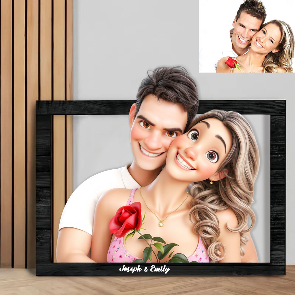 Custom Couple Photo 3D Cartoon Portrait Gift Photo Frame, Cartoon Style 3D Photo Wooden Frame Sign, Wedding Anniversary Christmas Couple Gift