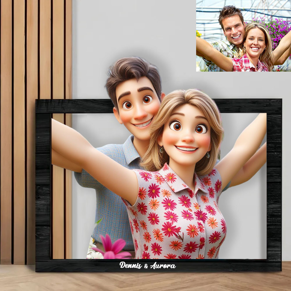 Custom Couple Photo 3D Cartoon Portrait Gift Photo Frame, Cartoon Style 3D Photo Wooden Frame Sign, Wedding Anniversary Christmas Couple Gift
