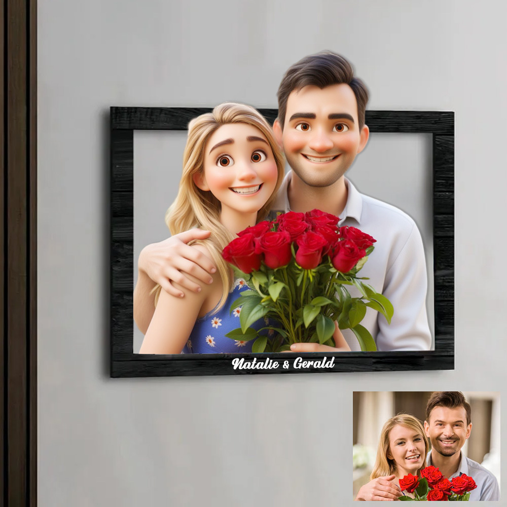 Custom Couple Photo 3D Cartoon Portrait Gift Photo Frame, Cartoon Style 3D Photo Wooden Frame Sign, Wedding Anniversary Christmas Couple Gift
