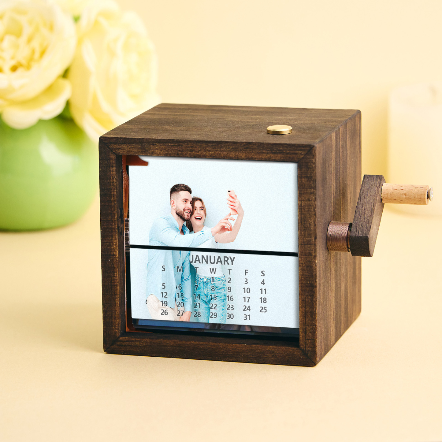 Personalized Photo Flip Book Calendar Frame Animation Machine Mechanical Hand-cranked Photo Album with Light Black Walnut Photo Cube Frame Creative Gift - myphotowallet