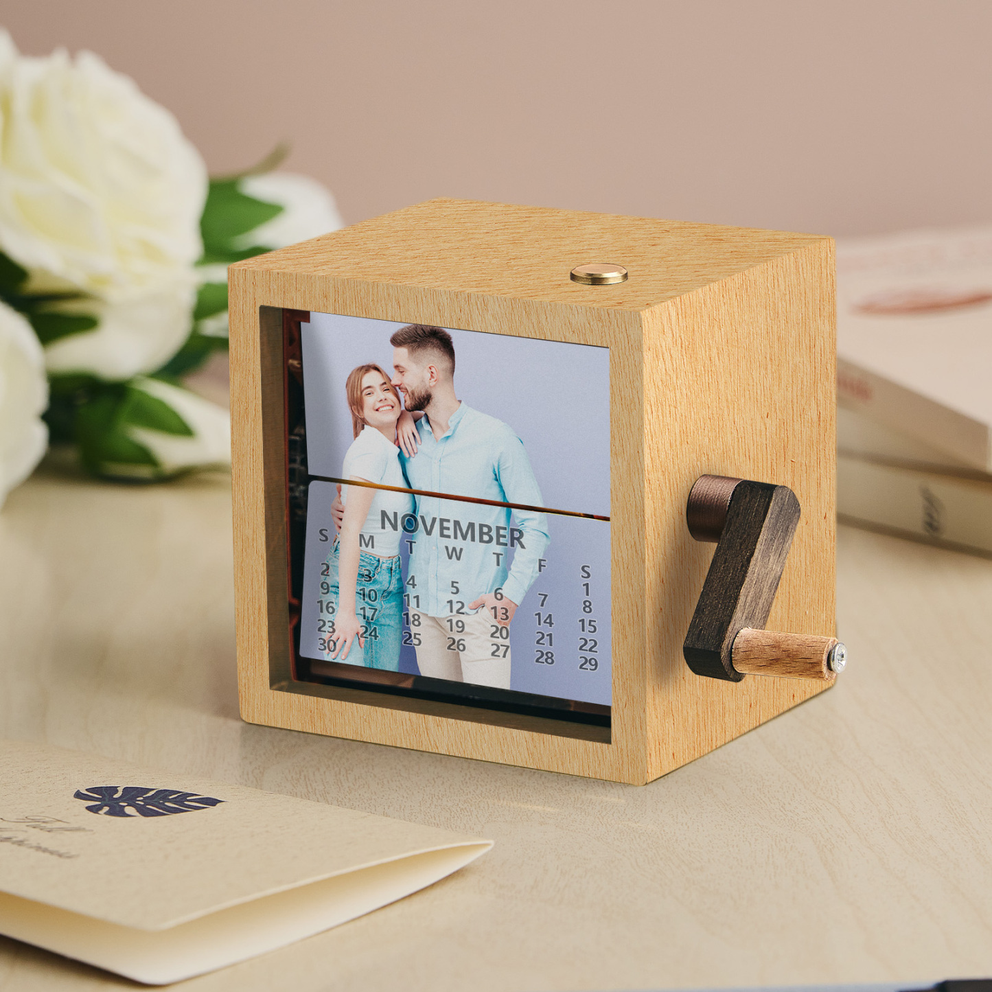 Personalized Photo Flip Book Calendar Frame Animation Machine Mechanical Hand-cranked Photo Album with Light Black Walnut Photo Cube Frame Creative Gift - myphotowallet
