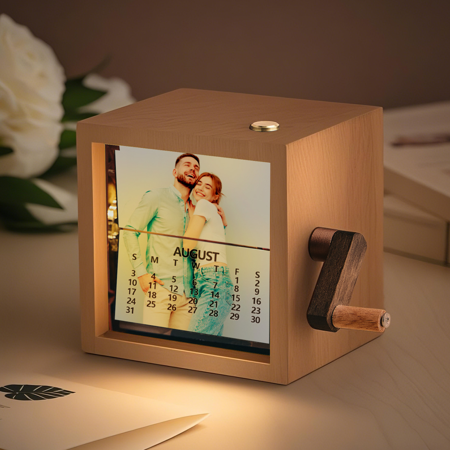 Personalized Photo Flip Book Calendar Frame Animation Machine Mechanical Hand-cranked Photo Album with Light Black Walnut Photo Cube Frame Creative Gift - myphotowallet
