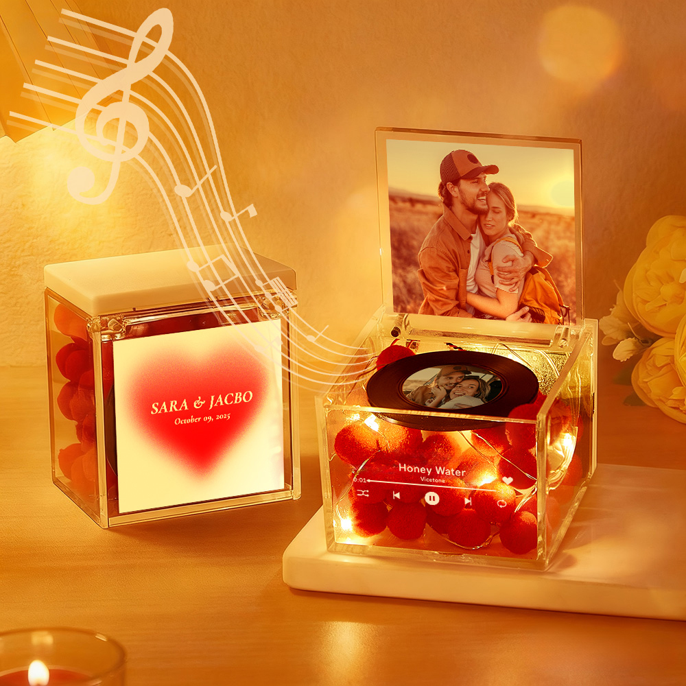 Premium Mini Music Record Auto-Music Player Custom Photo with Light Personalized Music Acrylic Box - MyFaceTshirt