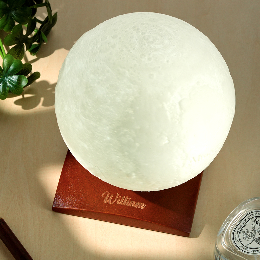 Moon Lamp 3D Printed Rotating Wooden Base with Custom Text - myphotowallet