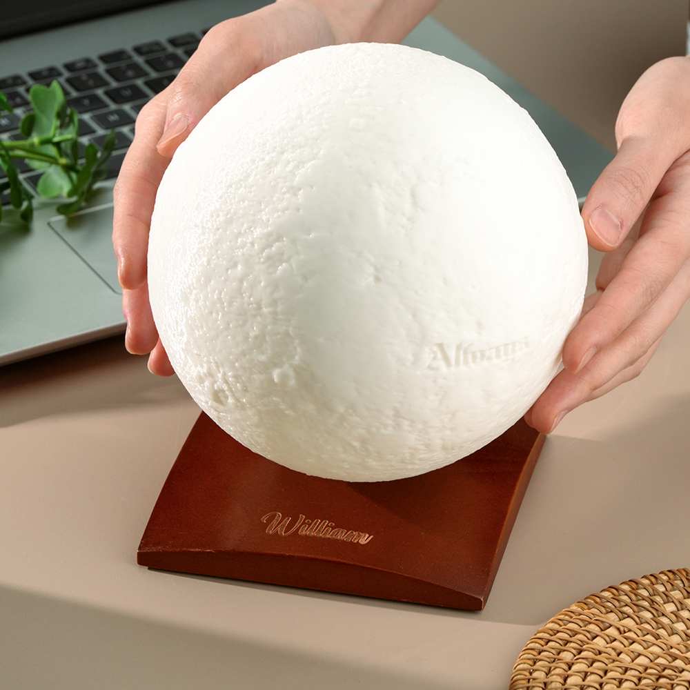 Moon Lamp 3D Printed Rotating Wooden Base with Custom Text - myphotowallet