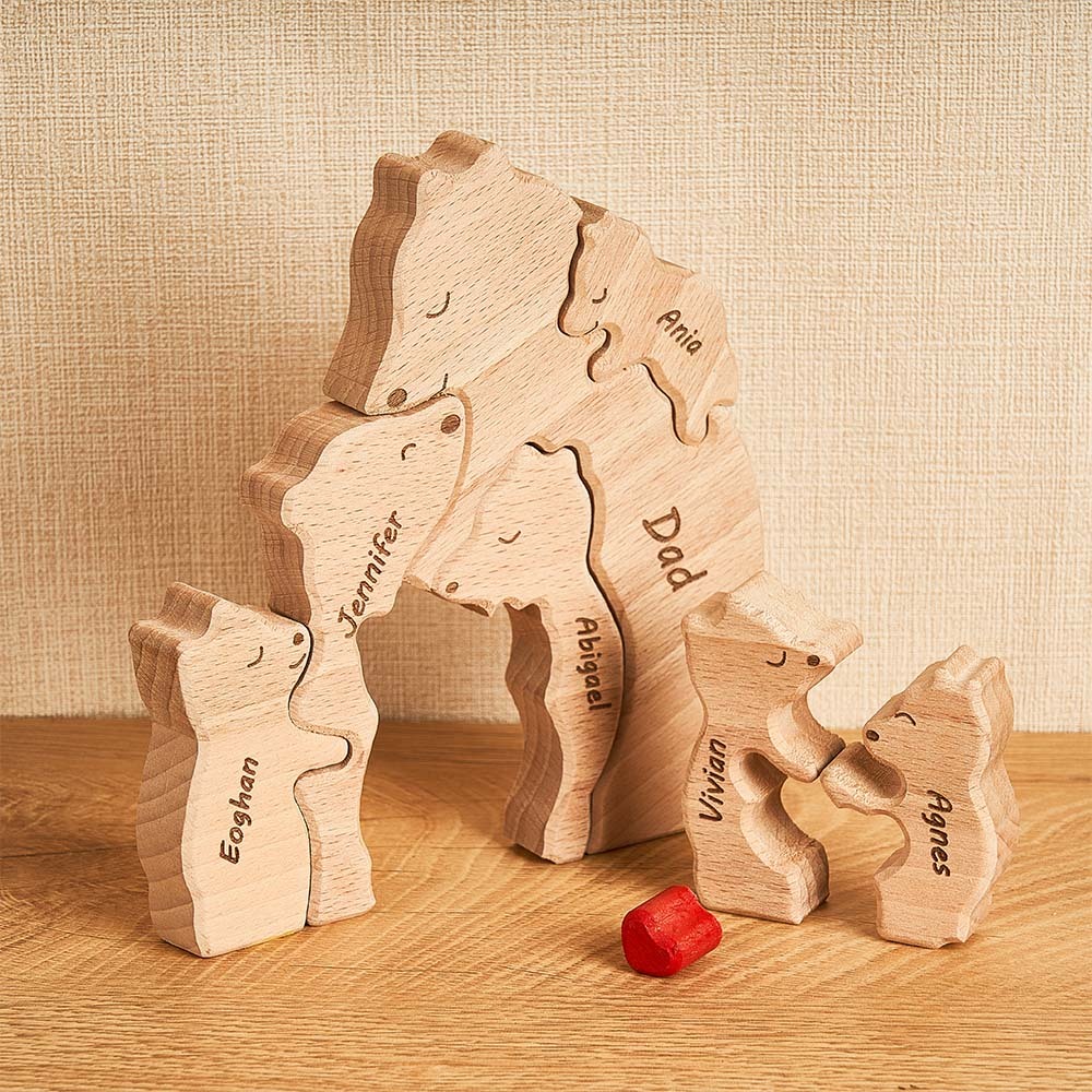 Custom Names Wooden Single Parent Bears Family Block Puzzle Home Decor	 - myphotowallet