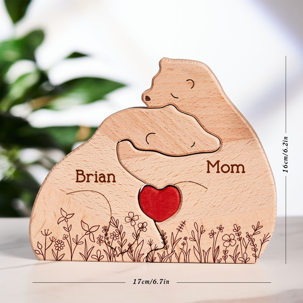 Mother's Day Gifts Hugging Bear Family Floral Version - Personalized Wooden Bear Family Puzzle