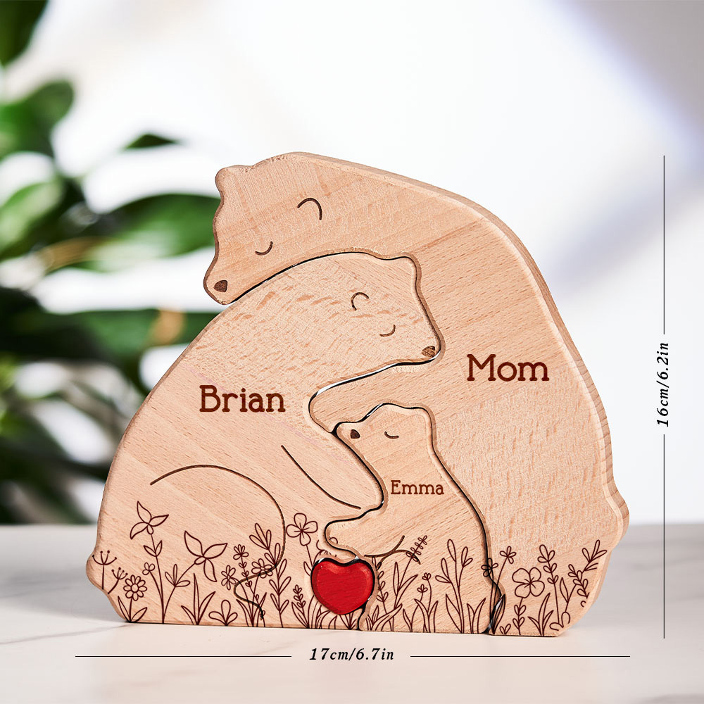 Mother's Day Gifts Hugging Bear Family Floral Version - Personalized Wooden Bear Family Puzzle