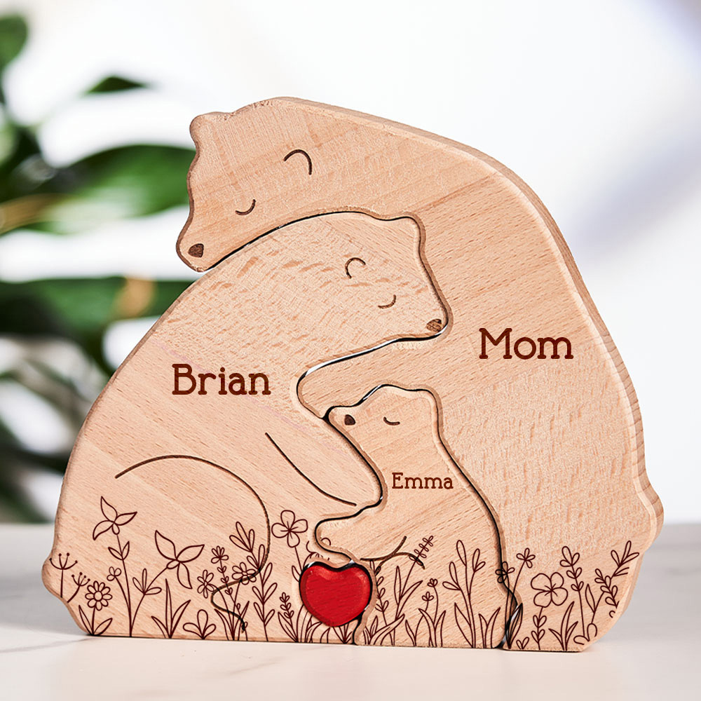 Mother's Day Gifts Hugging Bear Family Floral Version - Personalized Wooden Bear Family Puzzle