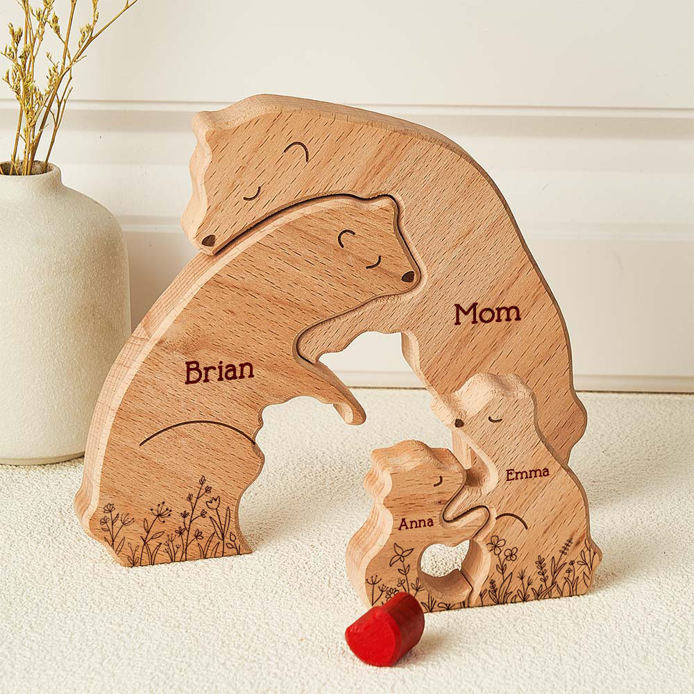 Mother's Day Gifts Hugging Bear Family Floral Version - Personalized Wooden Bear Family Puzzle