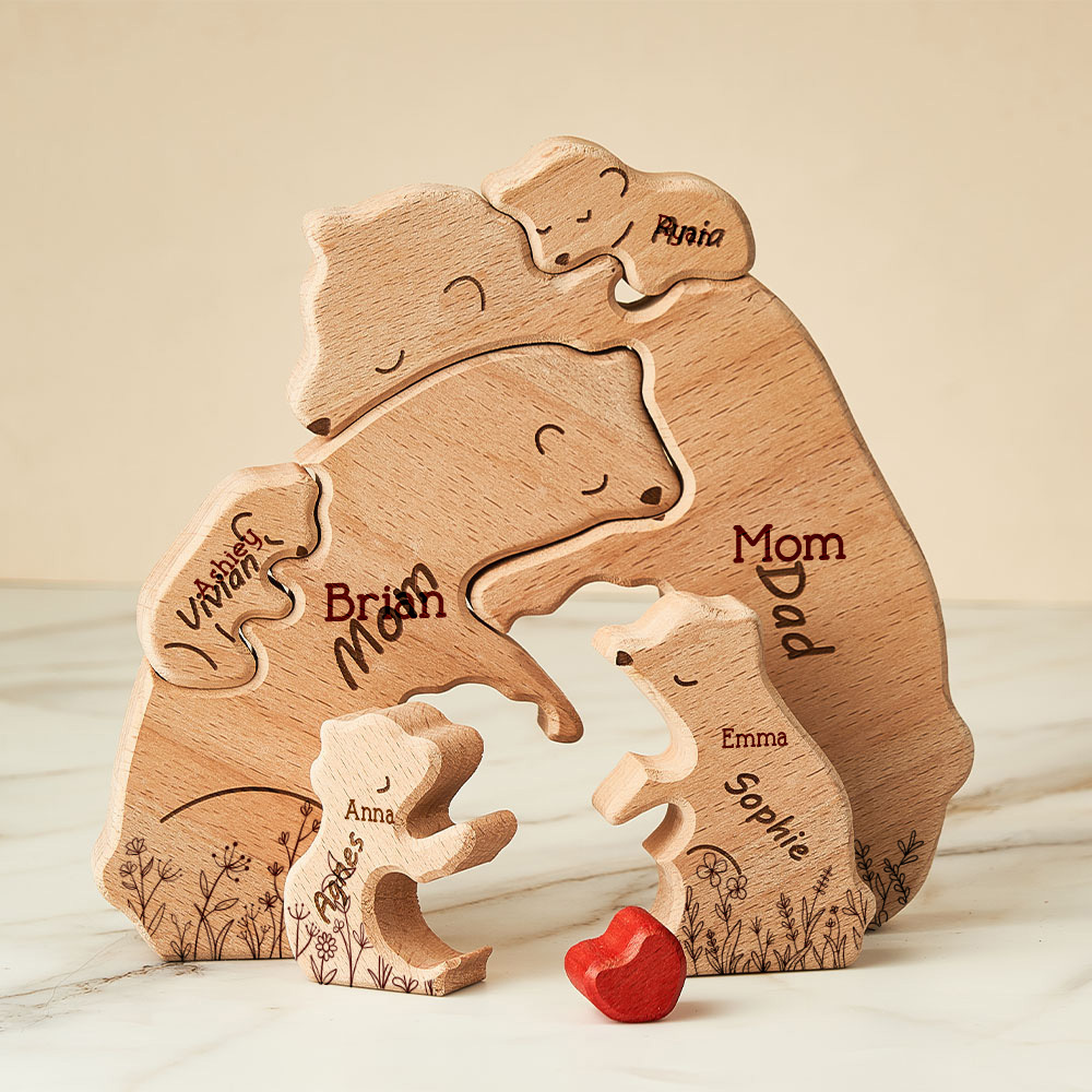 Mother's Day Gifts Hugging Bear Family Floral Version - Personalized Wooden Bear Family Puzzle
