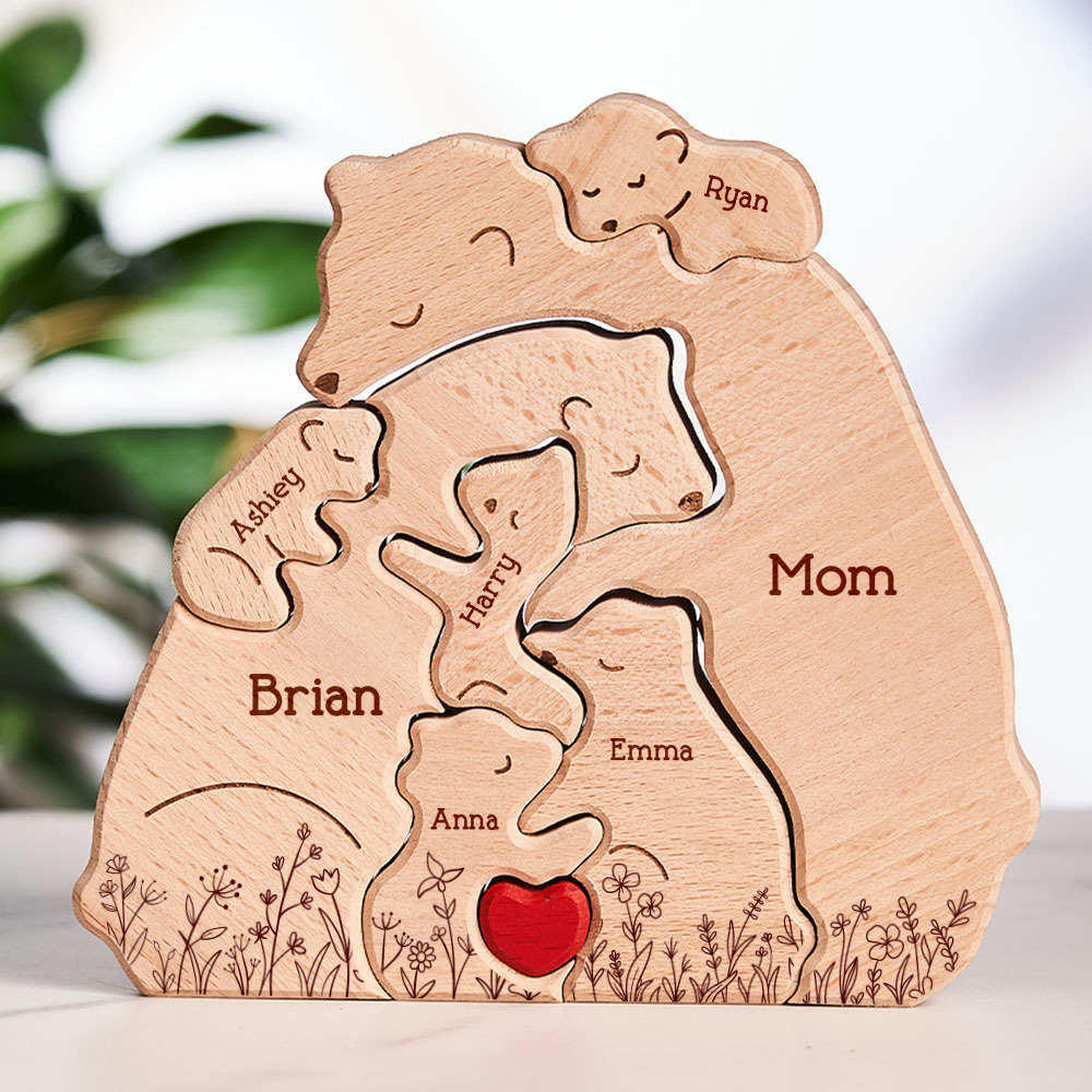 Mother's Day Gifts Hugging Bear Family Floral Version - Personalized Wooden Bear Family Puzzle