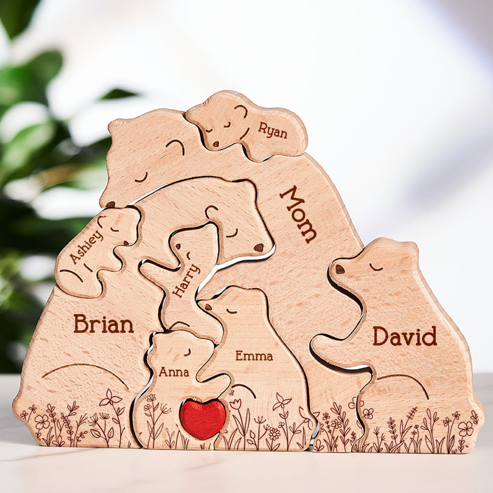 Mother's Day Gifts Hugging Bear Family Floral Version - Personalized Wooden Bear Family Puzzle
