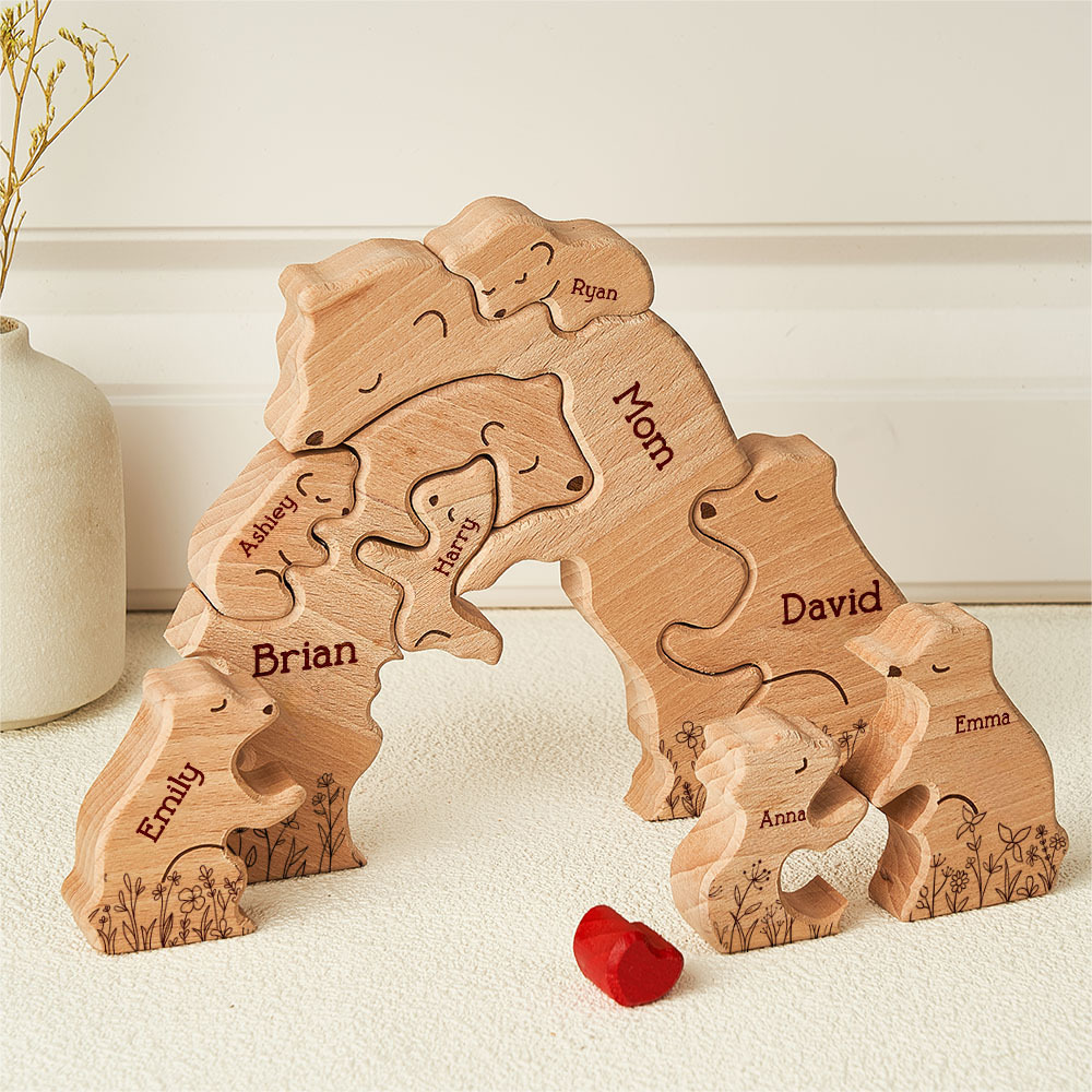 Mother's Day Gifts Hugging Bear Family Floral Version - Personalized Wooden Bear Family Puzzle