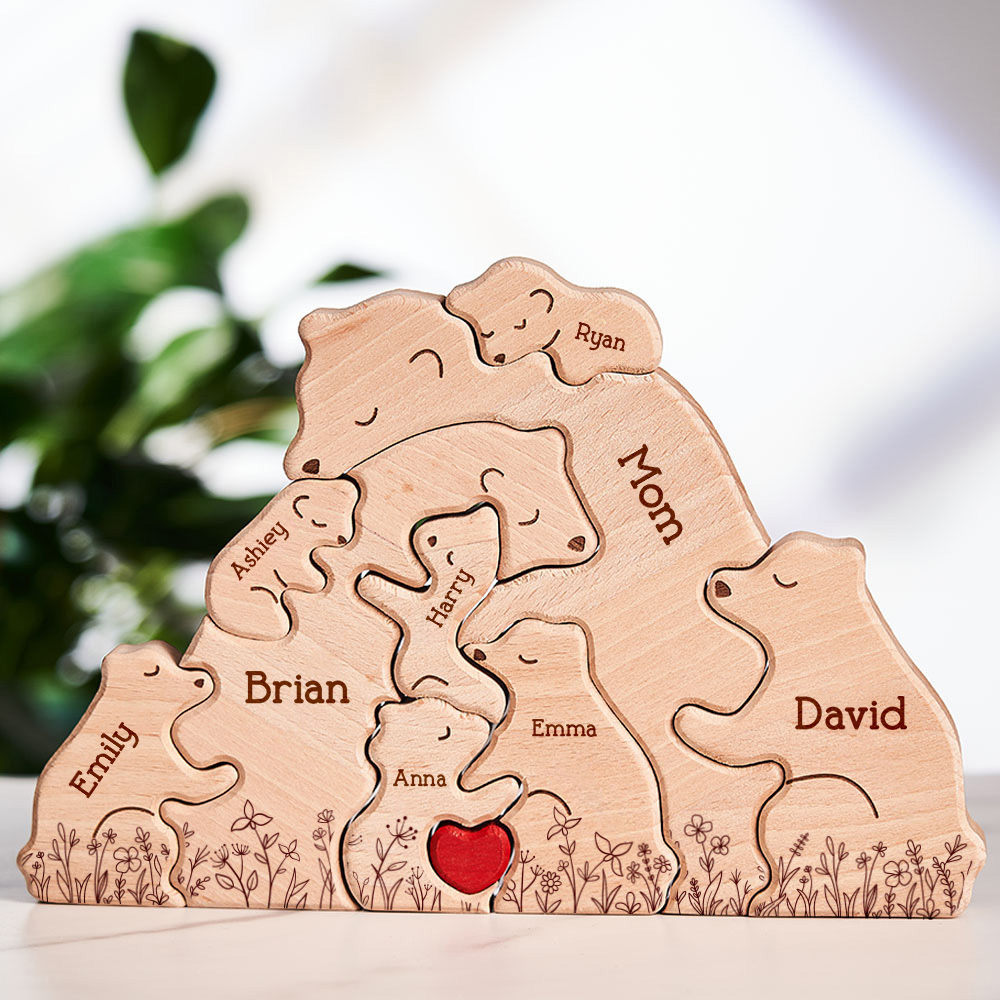 Mother's Day Gifts Hugging Bear Family Floral Version - Personalized Wooden Bear Family Puzzle