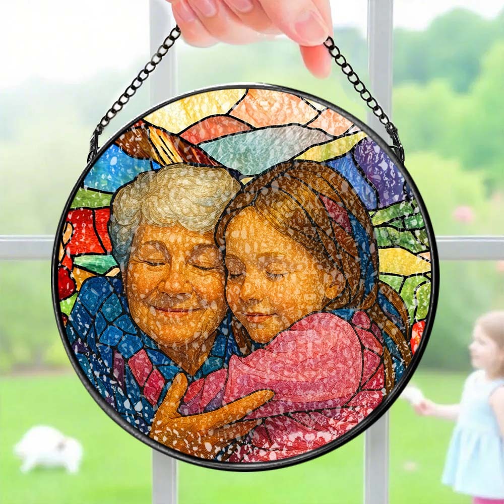 Personalized Grandma And Grandkids Portrait Faux Stained Glass, Custom Photo Family Window Hanging Ornament, Christmas Gift For Mom, Grandma