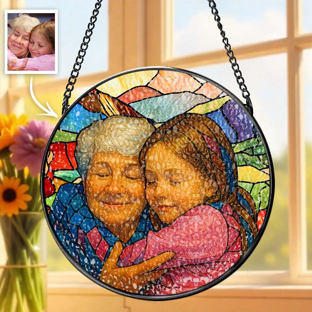 Personalized Grandma And Grandkids Portrait Faux Stained Glass, Custom Photo Family Window Hanging Ornament, Christmas Gift For Mom, Grandma