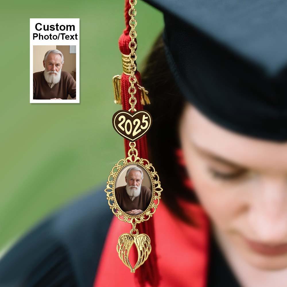 Custom Graduation Tassel Photo&Text Charm with Angel Wing,Memorial Graduation Gift For Her,2025 Graduation Memorial Tassel for grad cap