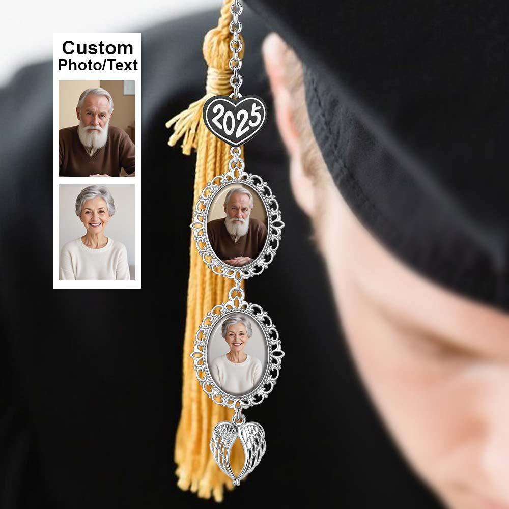 Custom Graduation Tassel Photo&Text Charm with Angel Wing,Memorial Graduation Gift For Her,2025 Graduation Memorial Tassel for grad cap