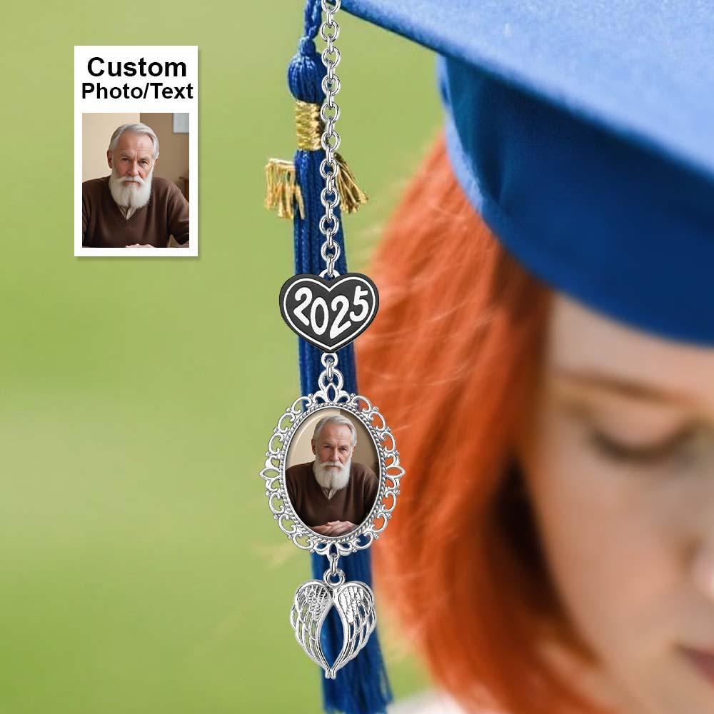 Custom Graduation Tassel Photo&Text Charm with Angel Wing,Memorial Graduation Gift For Her,2025 Graduation Memorial Tassel for grad cap