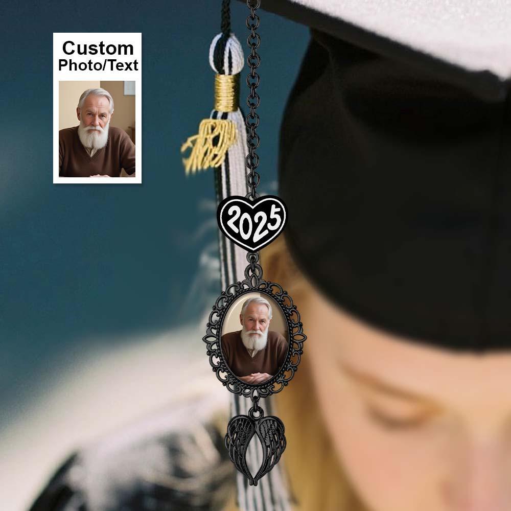 Custom Graduation Tassel Photo&Text Charm with Angel Wing,Memorial Graduation Gift For Her,2025 Graduation Memorial Tassel for grad cap