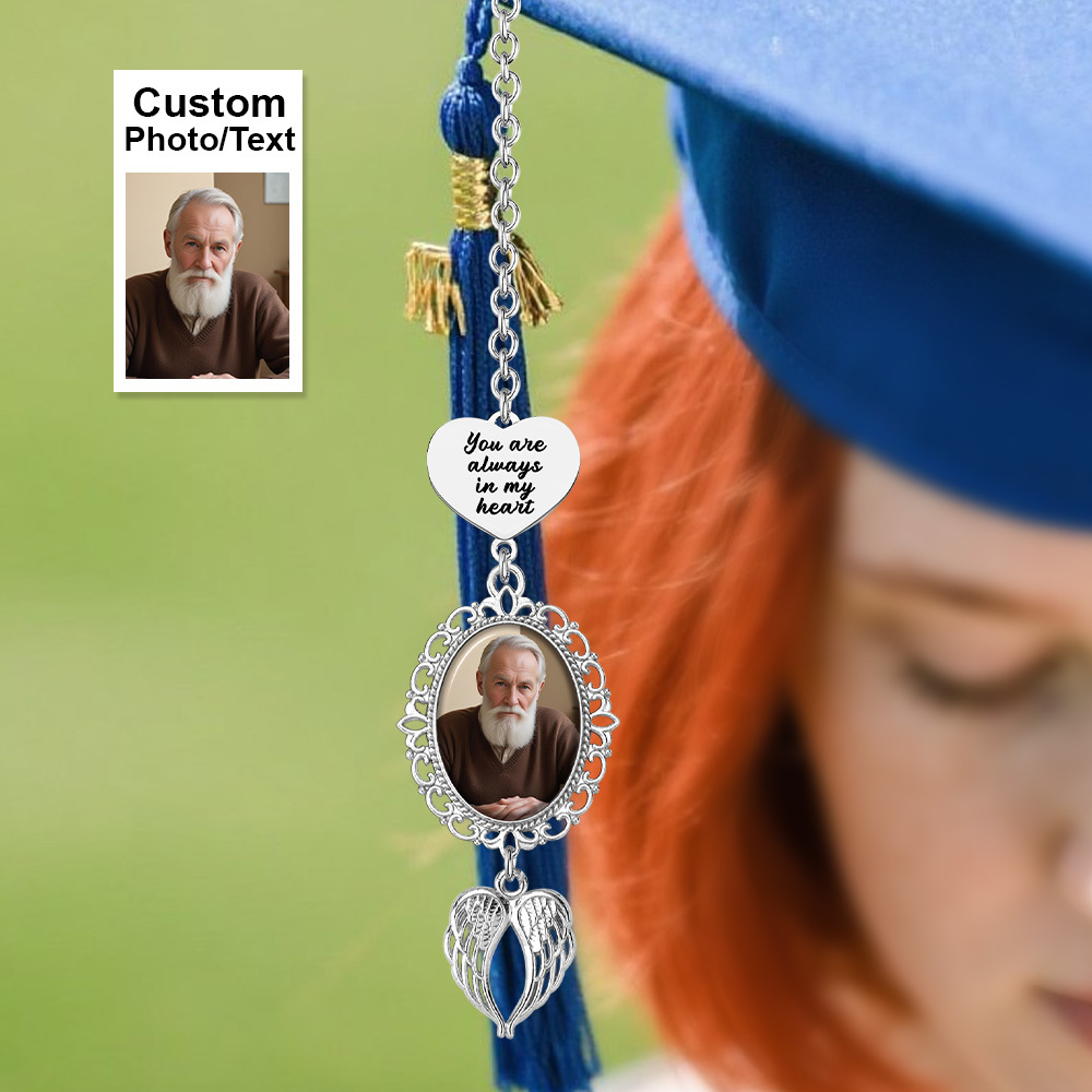 Custom Graduation Tassel Photo&Text Charm with Angel Wing,Memorial Graduation Gift For Her,2025 Graduation Memorial Tassel for grad cap
