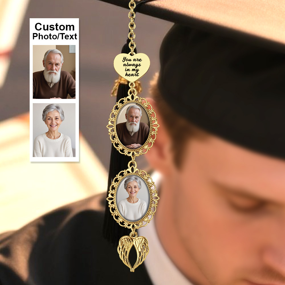 Custom Graduation Tassel Photo&Text Charm with Angel Wing,Memorial Graduation Gift For Her,2025 Graduation Memorial Tassel for grad cap