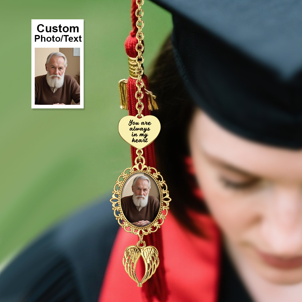 Custom Graduation Tassel Photo&Text Charm with Angel Wing,Memorial Graduation Gift For Her,2025 Graduation Memorial Tassel for grad cap