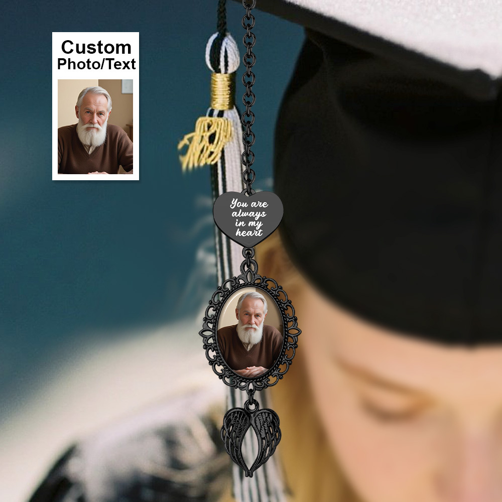 Custom Graduation Tassel Photo&Text Charm with Angel Wing,Memorial Graduation Gift For Her,2025 Graduation Memorial Tassel for grad cap