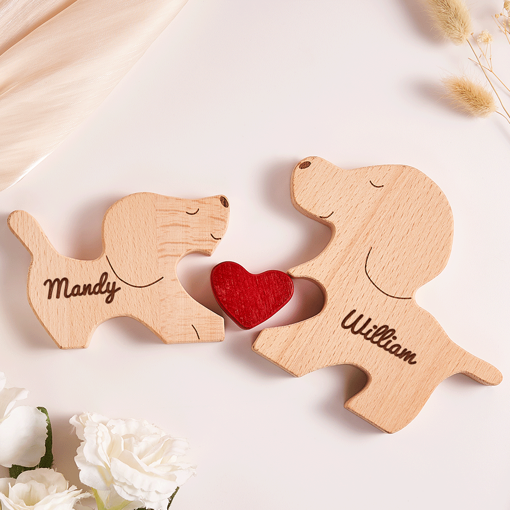 Custom Name Wooden Dog Couple Heart Blocks Valentine's Day Gifts - NameNecklace - myphotowallet