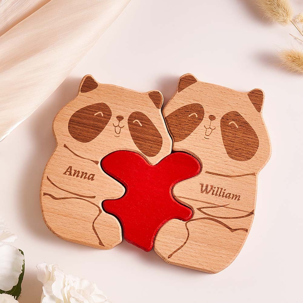Custom Name Wooden Panda Couple Heart Blocks Valentine's Day Gifts - NameNecklace - myphotowallet