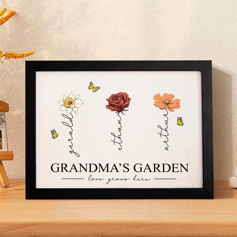 Custom Birth Month Flowers Garden With Grandkids Names Love Grows Here Personalized Wooden Photo Frame Mother's Day Gift - Myphotowallet