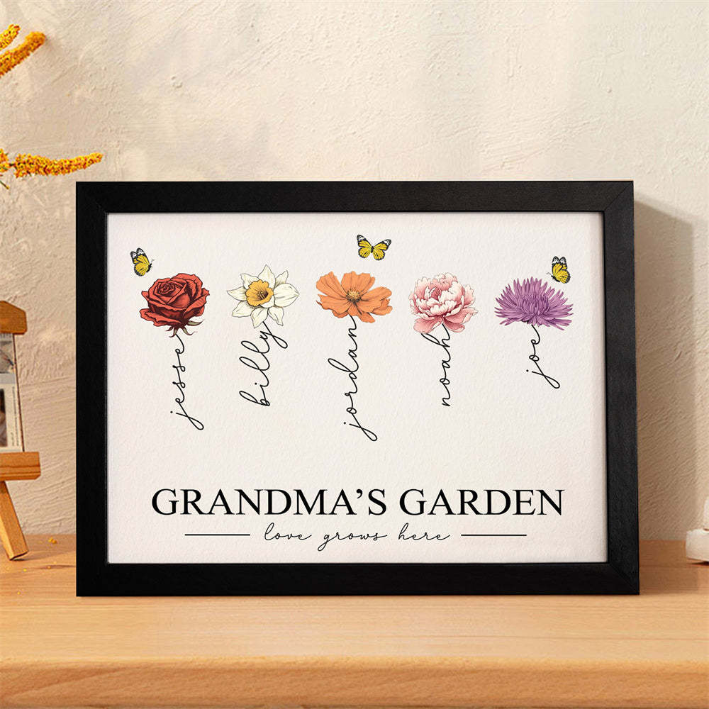 Custom Birth Month Flowers Garden With Grandkids Names Love Grows Here Personalized Wooden Photo Frame Mother's Day Gift - Myphotowallet