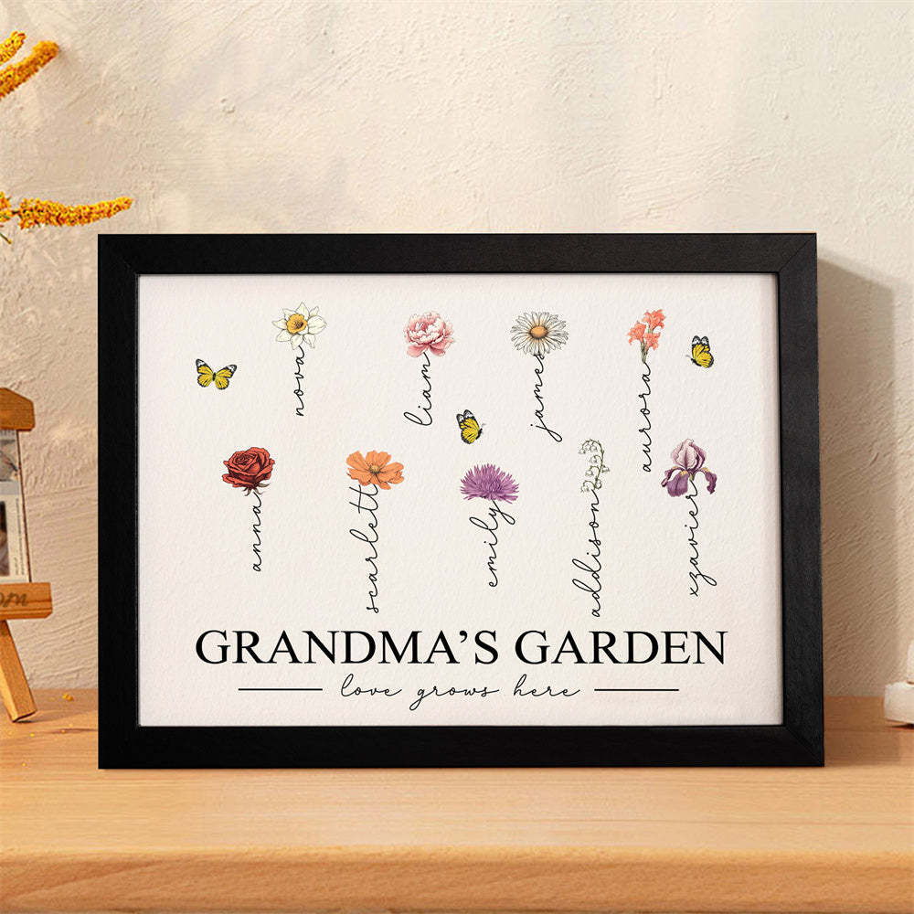 Custom Birth Month Flowers Garden With Grandkids Names Love Grows Here Personalized Wooden Photo Frame Mother's Day Gift - Myphotowallet