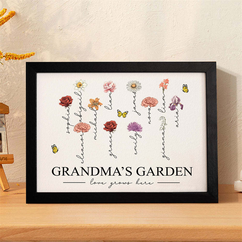 Custom Birth Month Flowers Garden With Grandkids Names Love Grows Here Personalized Wooden Photo Frame Mother's Day Gift - Myphotowallet